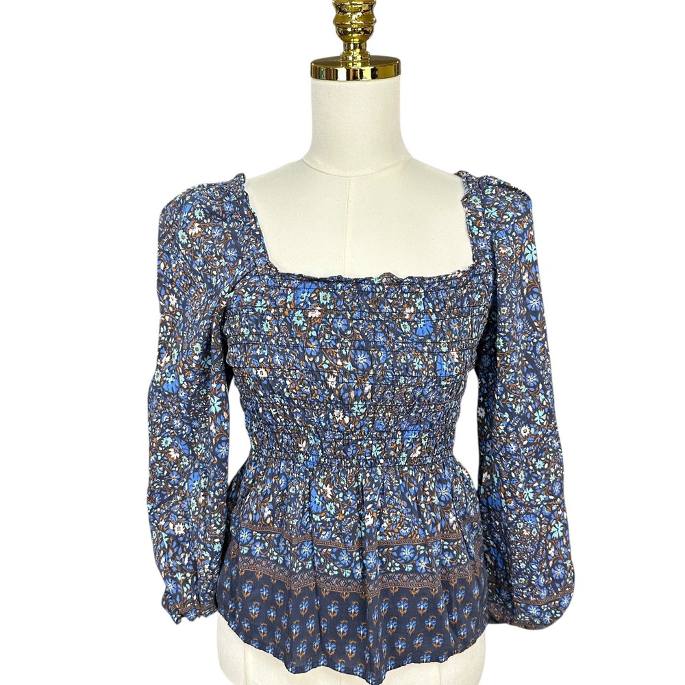 Vineyard Vines Floral Smocked Peplum Blouse Blu/Brn Square Neck XS Long Sleeve